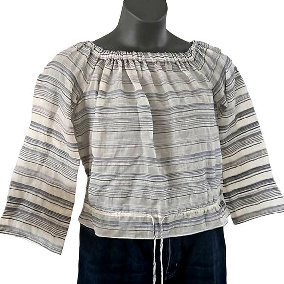 Theory Women's Odettah Off-Shoulder Striped Top Size Petite Medium Blue White - Picture 6 of 7